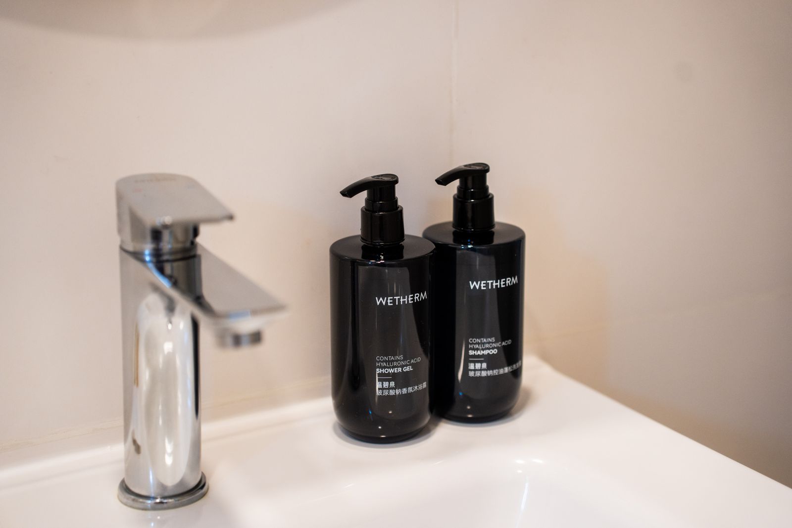 Shower gel and shampoo on the vanity beside the basin